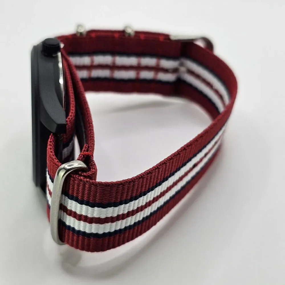 Men's Military Watch 42MM Large Case Black Dial Red Blue White Canvas Band Strap